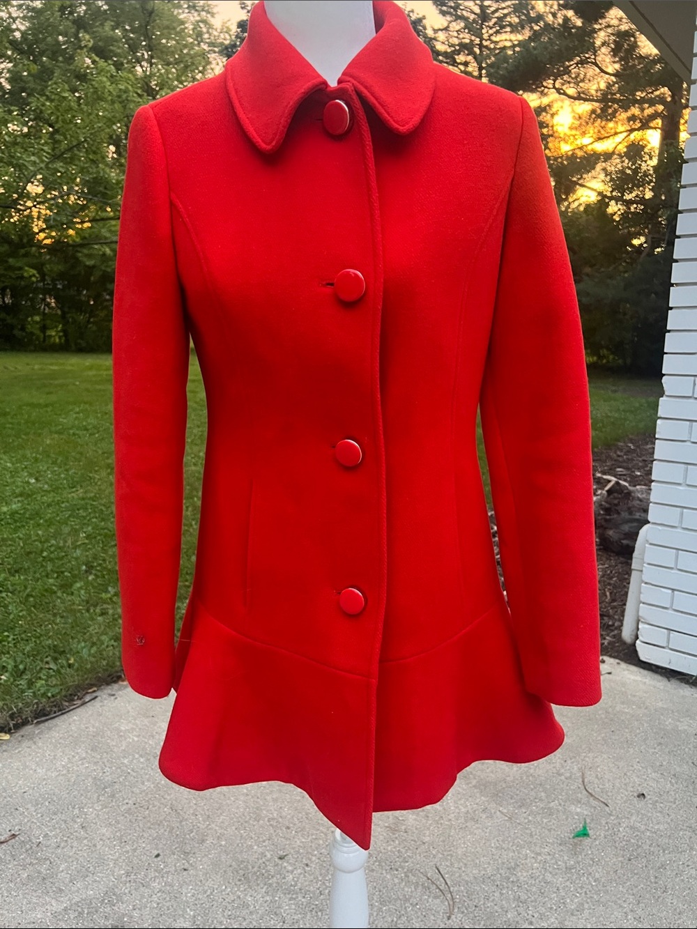 Kate Spade New York Red Twill Ruffle Hem Coat Wool Blend Size Small